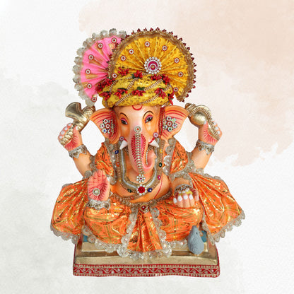 19 Inch – Royal Ganesha Idol in Traditional Orange Dress | Shadu Mitti Murti with Decorative Turban & Back Halo