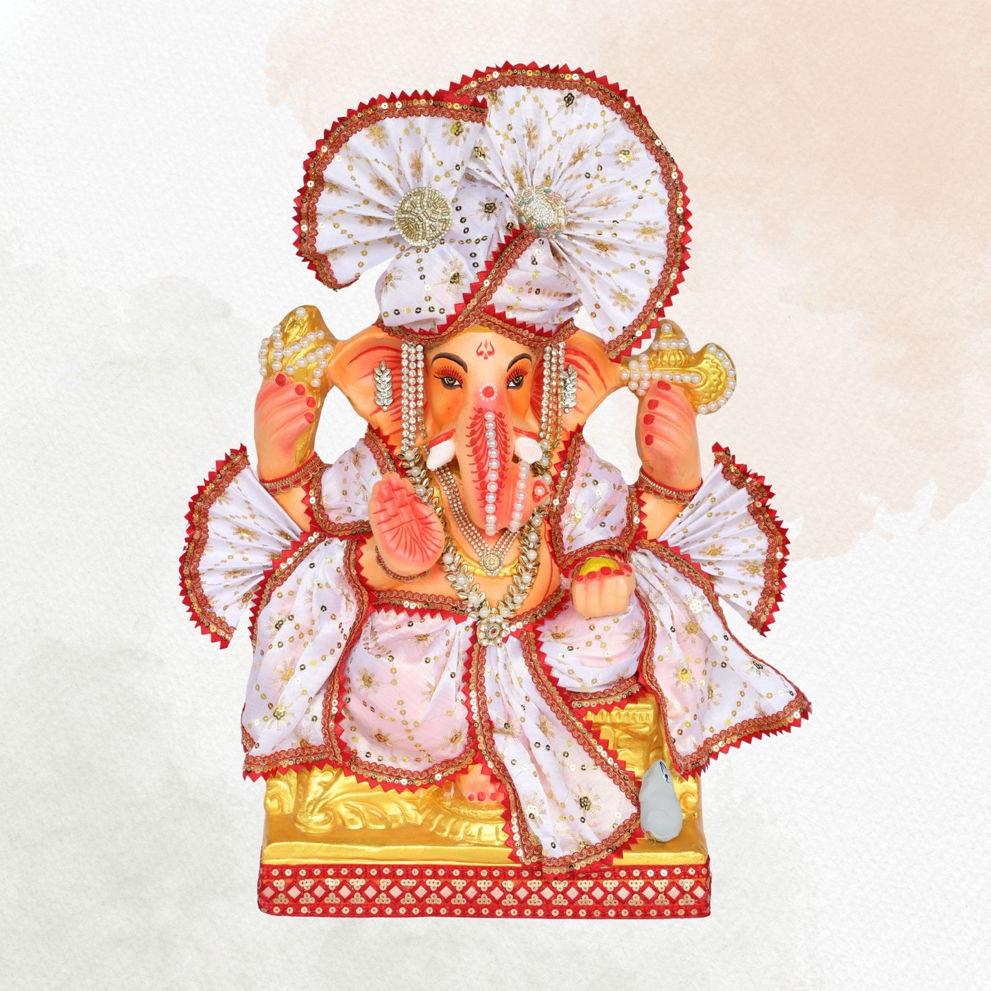 23 Inch – Divine White Ganesha Idol in Shadu Mitti | Eco-Friendly Murti with Pearl-Stone Work & Majestic Fan-Style Pagdi