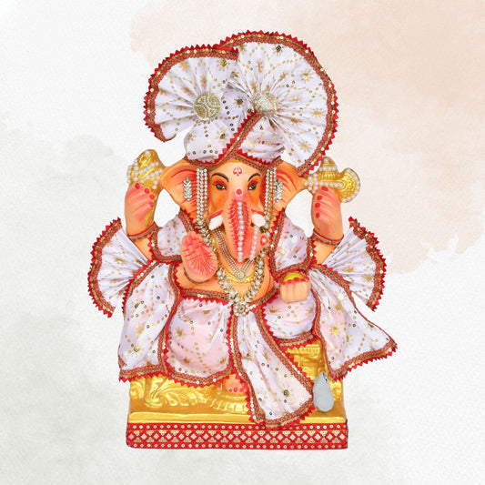 23 Inch – Divine White Ganesha Idol in Shadu Mitti | Eco-Friendly Murti with Pearl-Stone Work & Majestic Fan-Style Pagdi