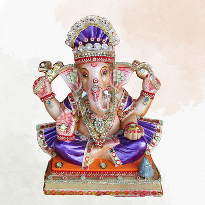 19 Inch – Divine Seated Ganesha Idol in Purple Attire – Shadu Mitti Clay Murti with Stone-Studded Crown & Orange Base