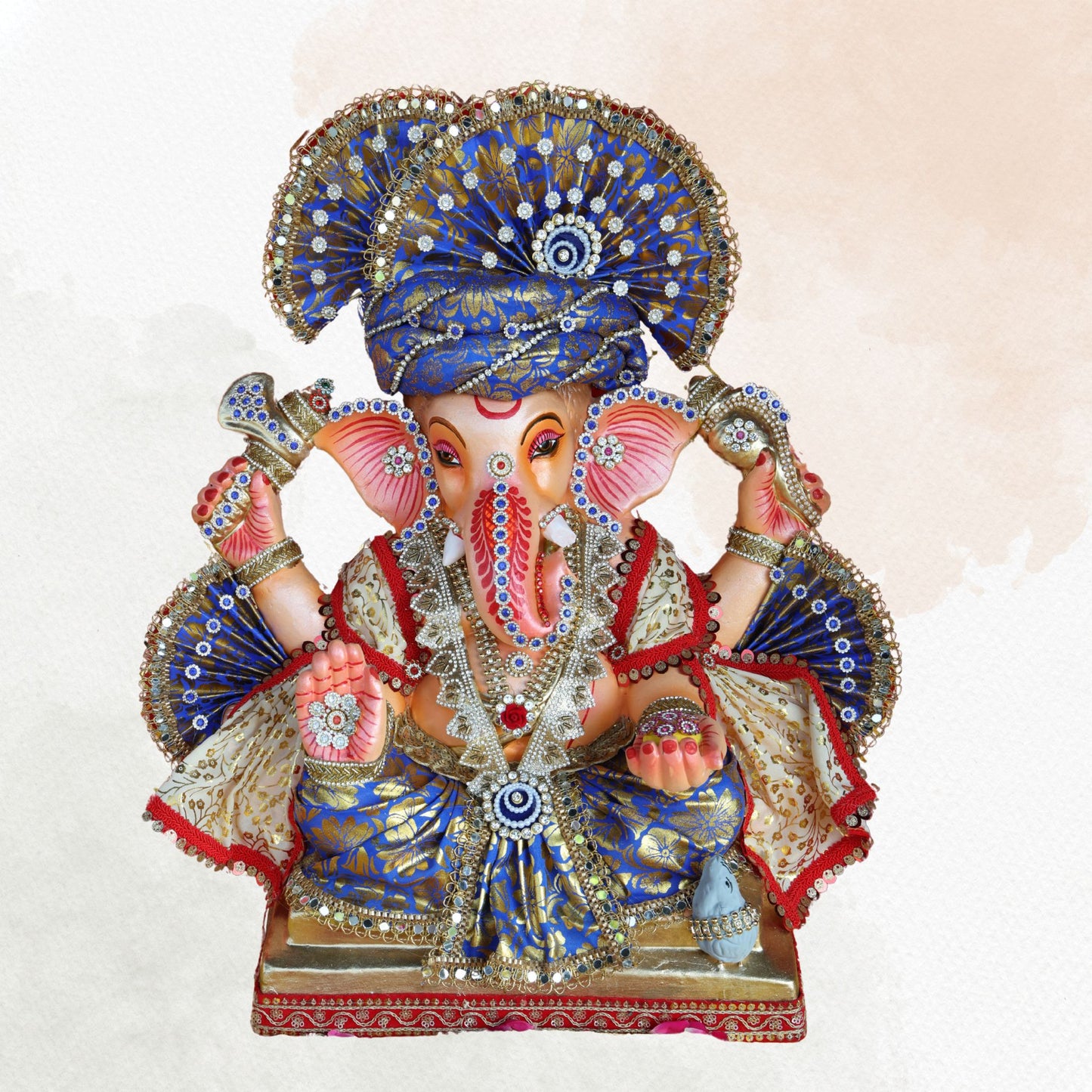 19 Inch – Royal Seated Ganesha Idol in Blue Brocade Attire – Shadu Mitti Clay Murti with Designer Pagdi & Kundan Work