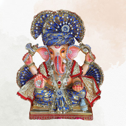 19 Inch – Royal Seated Ganesha Idol in Blue Brocade Attire – Shadu Mitti Clay Murti with Designer Pagdi & Kundan Work