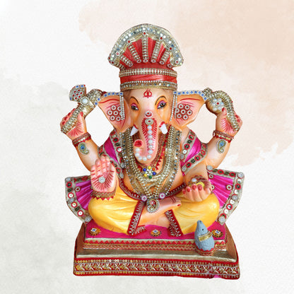 19 Inch – Elegant Seated Ganesha Idol in Yellow Attire –  Shadu Mitti Clay Murti with Red Pagdi & Pearl Stone Work