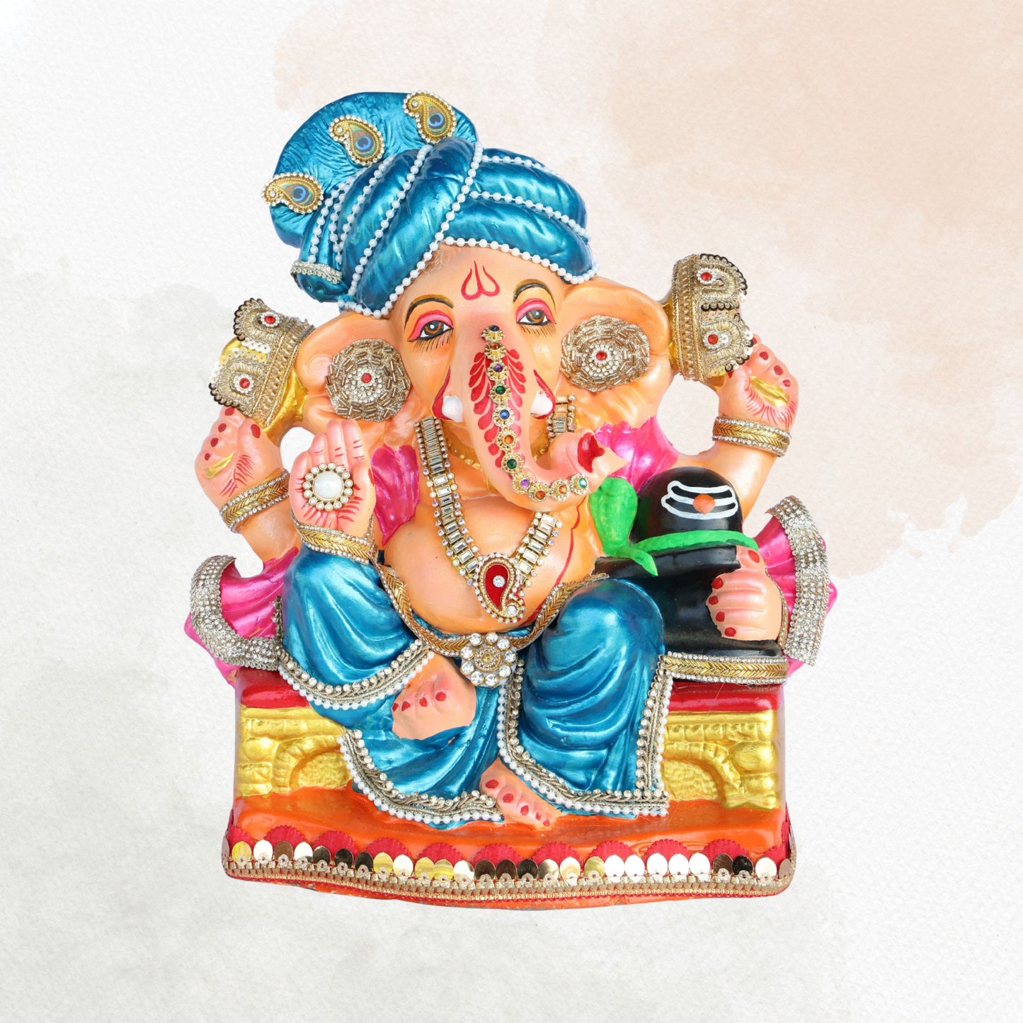14 Inch – Shiv Putra Ganesha Idol with Blue Pagdi | Shadu Mitti Eco-Friendly Murti with Shivling