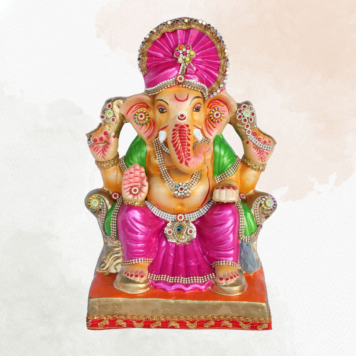 17 Inch – Seated Ganesha Idol in Rani Pink Attire | Eco-Friendly Shadu Mitti Murti with Fan-Style Pagdi & Kundan Jewelry