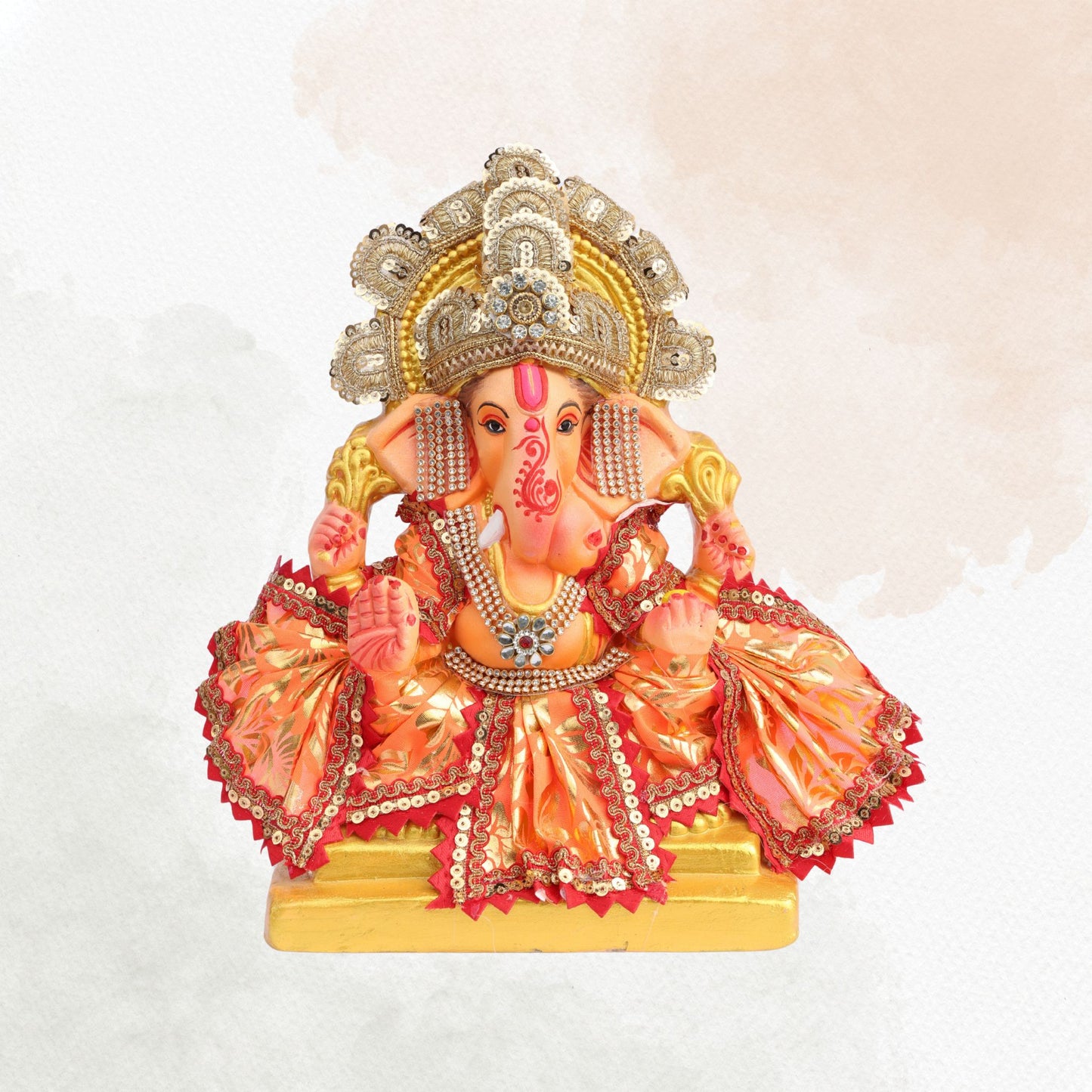 11 Inch – Vibrant Seated Ganesha Idol in Orange & Gold Attire | Eco-Friendly Shadu Mitti Murti with Pearl Crown & Lace Work