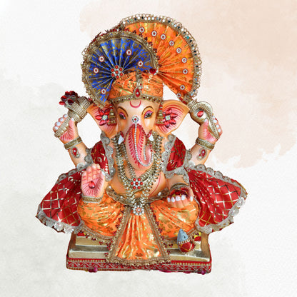 19 Inch – Grand Red & Orange Ganesha Idol with Designer Fan Crown | Shadu Mitti Eco-Friendly Murti with Modak