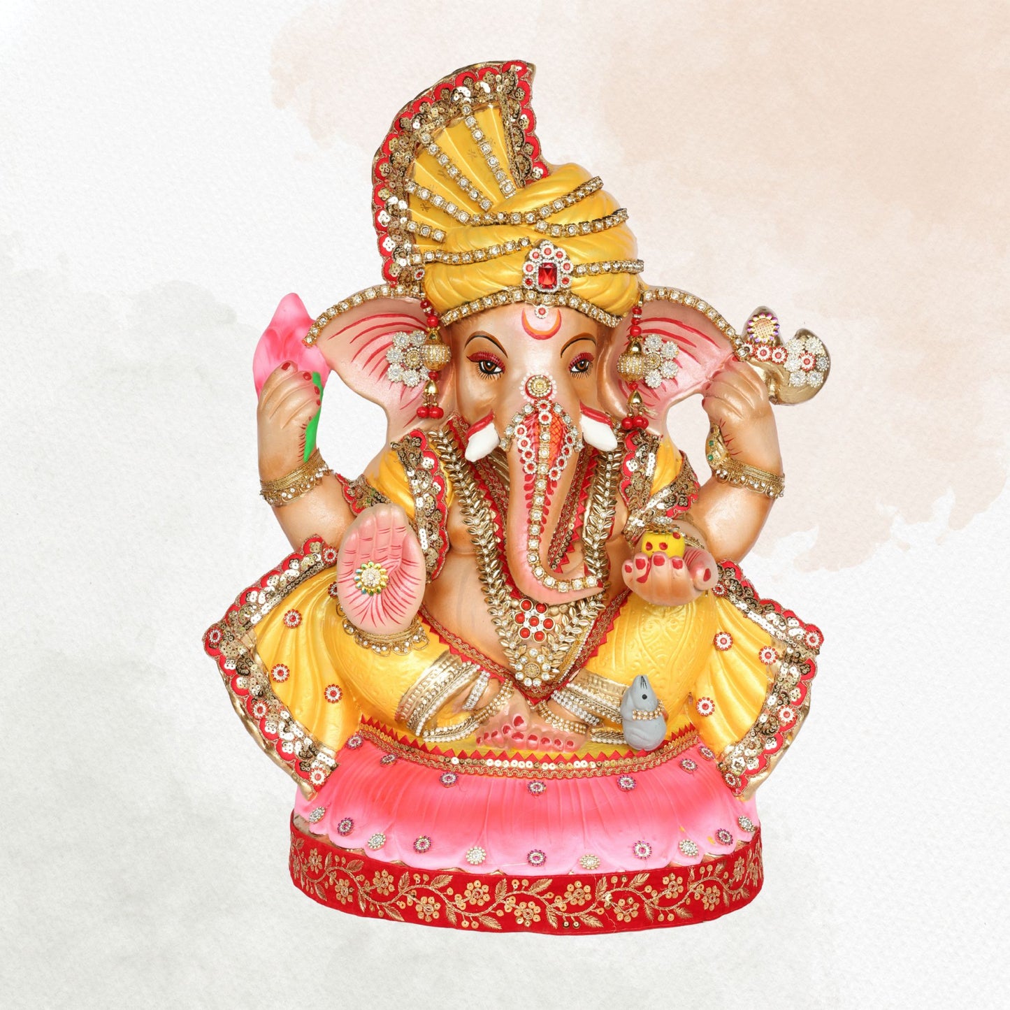 23 Inch – Majestic Seated Ganesha Idol in Yellow Attire | Shadu Mitti Eco-Friendly Murti with Fan-Style Pagdi & Red-Gold Detailing