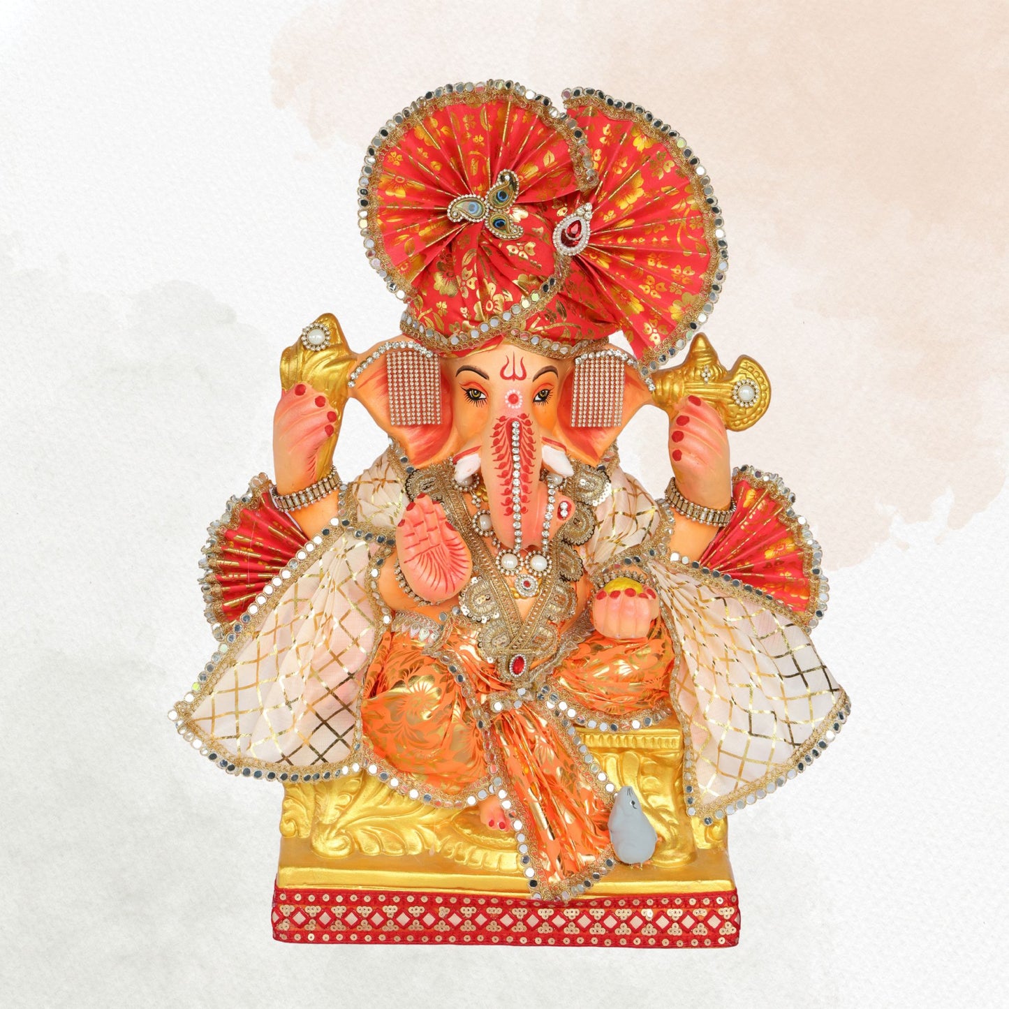 23 Inch – Designer Ganesha Idol in Orange-Cream Attire | Shadu Mitti Murti with Fan Pagdi
