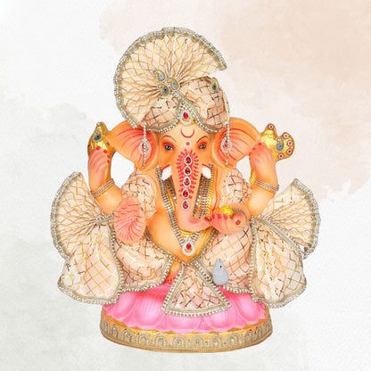 23 Inch – Elegant Seated Ganesha Idol in Cream-Gold Attire | Shadu Mitti Eco-Friendly Murti with Designer Pagdi & Red Gemstone Work