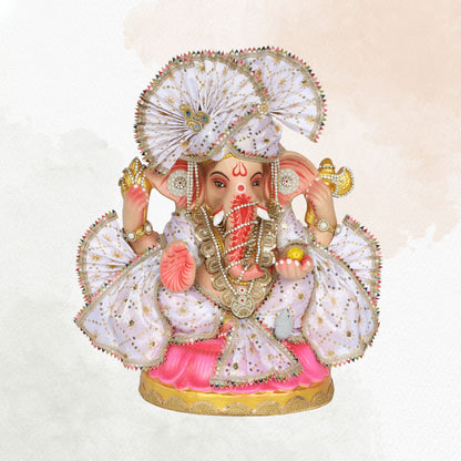 23 Inch – Royal Seated Ganesha Idol in White Attire | Eco-Friendly Shadu Mitti Murti with Designer Pagdi & Beadwork