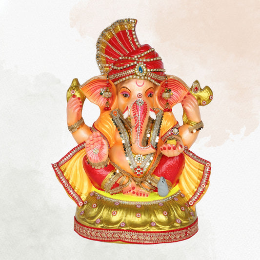 23 Inch – Royal Red & Yellow Ganesha Idol | Shadu Mitti Murti with Crown Pagdi & Golden Base