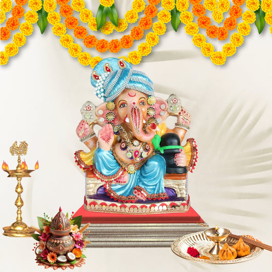 14 Inch – Majestic Blue Turban Ganesha Idol with Shivling | Handcrafted Shadu Mitti Murti | Eco-Friendly & Visarjan Friendly