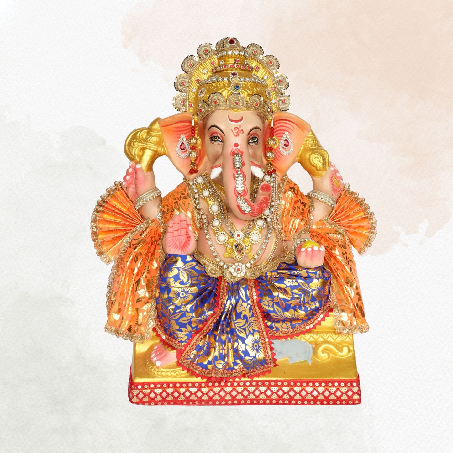23 Inch – Traditional Seated Ganesha Idol in Royal Blue & Orange Attire | Shadu Mitti Clay Murti with Gold Crown & Bead Work