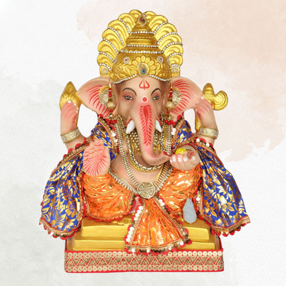 23 Inch – Elegant Seated Ganpati Idol in Orange & Blue Attire | Shadu Mitti Eco-Friendly Murti with Golden Crown & Traditional Floral Dupatta