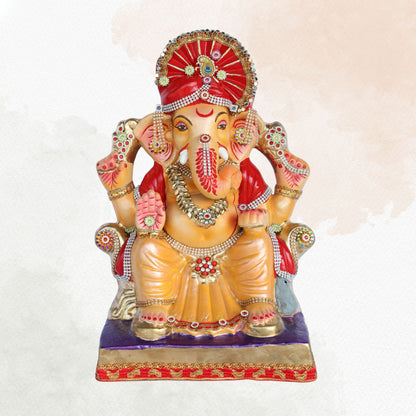 17 Inch – Divine Seated Ganesha Idol in Yellow Dhoti | Eco-Friendly Shadu Mitti Murti with Red Pagdi & Kundan Stone Work