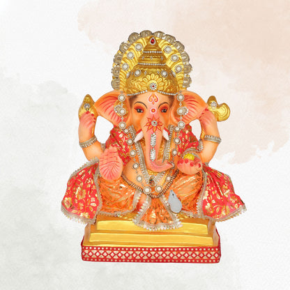23 Inch – Traditional Seated Ganesha Idol in Red & Orange Floral Attire | Shadu Mitti Clay Murti with Golden Crown & Pearl Jewelry