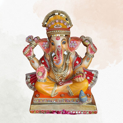 19 Inch – Divine Seated Ganesha Idol in Orange & Red Attire – Shadu Mitti Clay Murti with Golden Crown & Stone Embellishments
