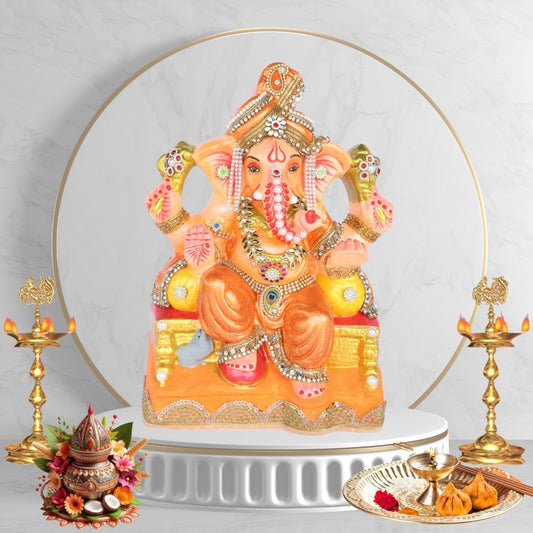 13 Inch – Traditional Orange Ganesha Idol | Decorated with Stones & Crown | Eco-Friendly Clay Murti