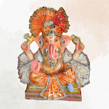 19 Inch – Grand Seated Ganesha Idol in Orange Foil Attire – Shadu Mitti Clay Murti with Designer Fan Mukut & Stone Work