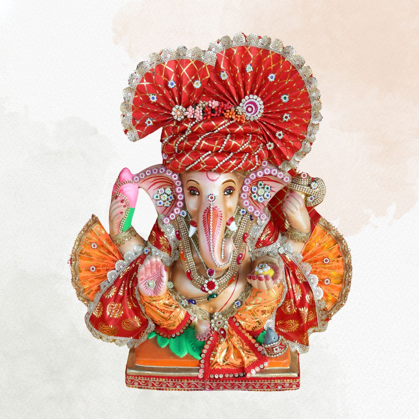 19 Inch – Royal Red Ganesha Idol | Eco-Friendly Shadu Mitti Murti with Lotus & Modak | Traditional Maharashtrian Design