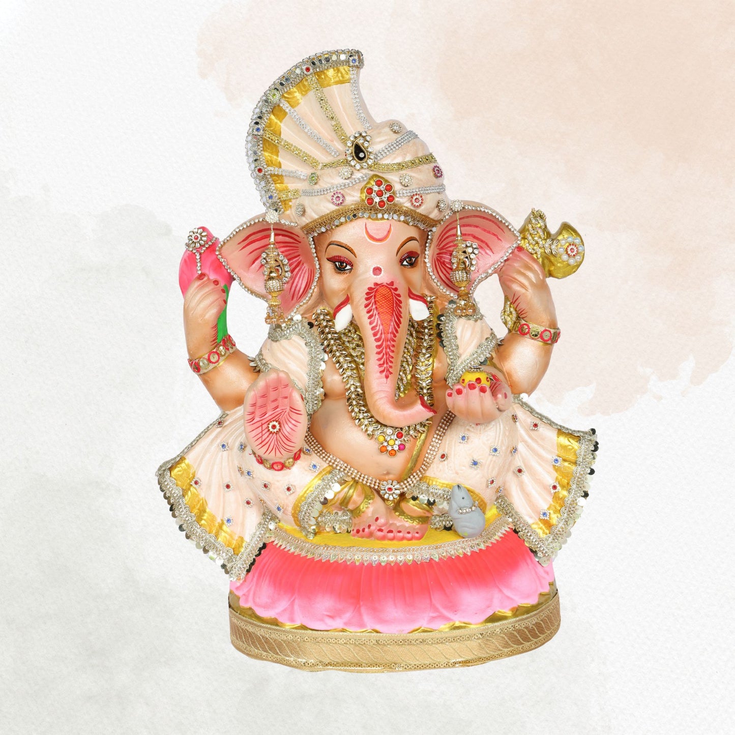 23 Inch – Elegant Seated Ganesha Idol in Cream & Pink Attire | Shadu Mitti Eco-Friendly Murti with Fan-Style Crown & Stone Embellishments