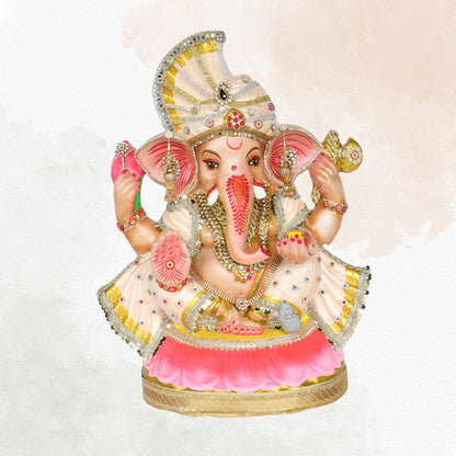 23 Inch – Elegant Seated Ganesha Idol in Cream & Pink Attire | Shadu Mitti Eco-Friendly Murti with Fan-Style Crown & Stone Embellishments