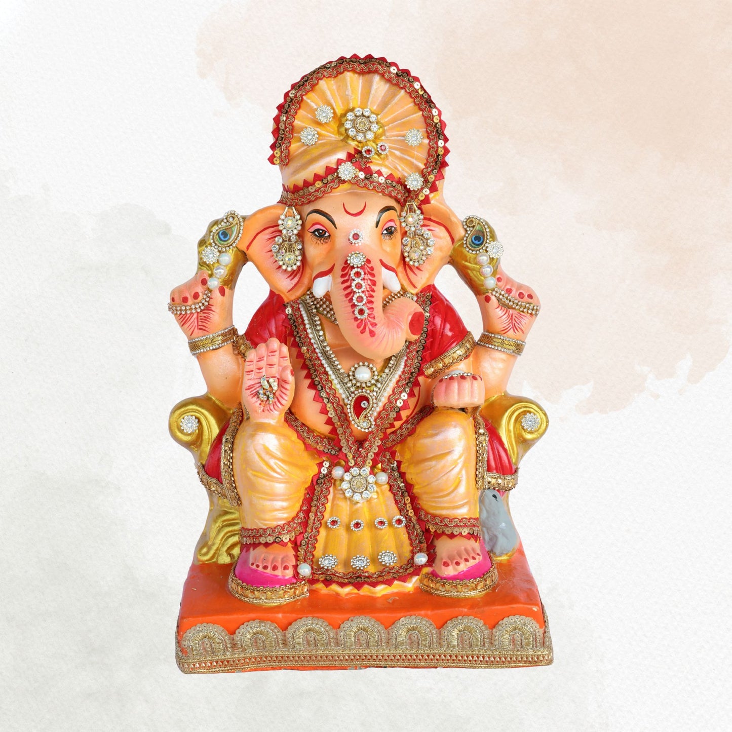 17 Inch – Royal Seated Ganesha Idol in Orange-Yellow Attire | Shadu Mitti Clay Murti with Fan Crown & Kundan Embellishments