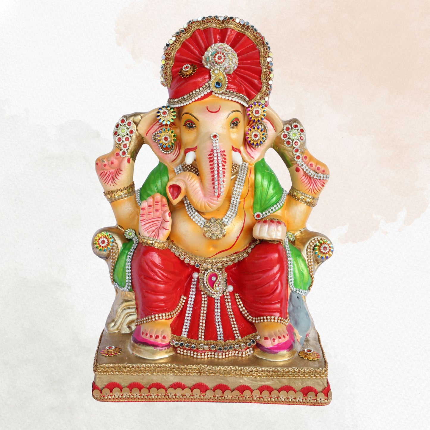 17 Inch – Royal Seated Ganesha Idol in Red Dhoti | Eco-Friendly Shadu Mitti Murti with Elegant Red Pagdi & Crystal Jewelry