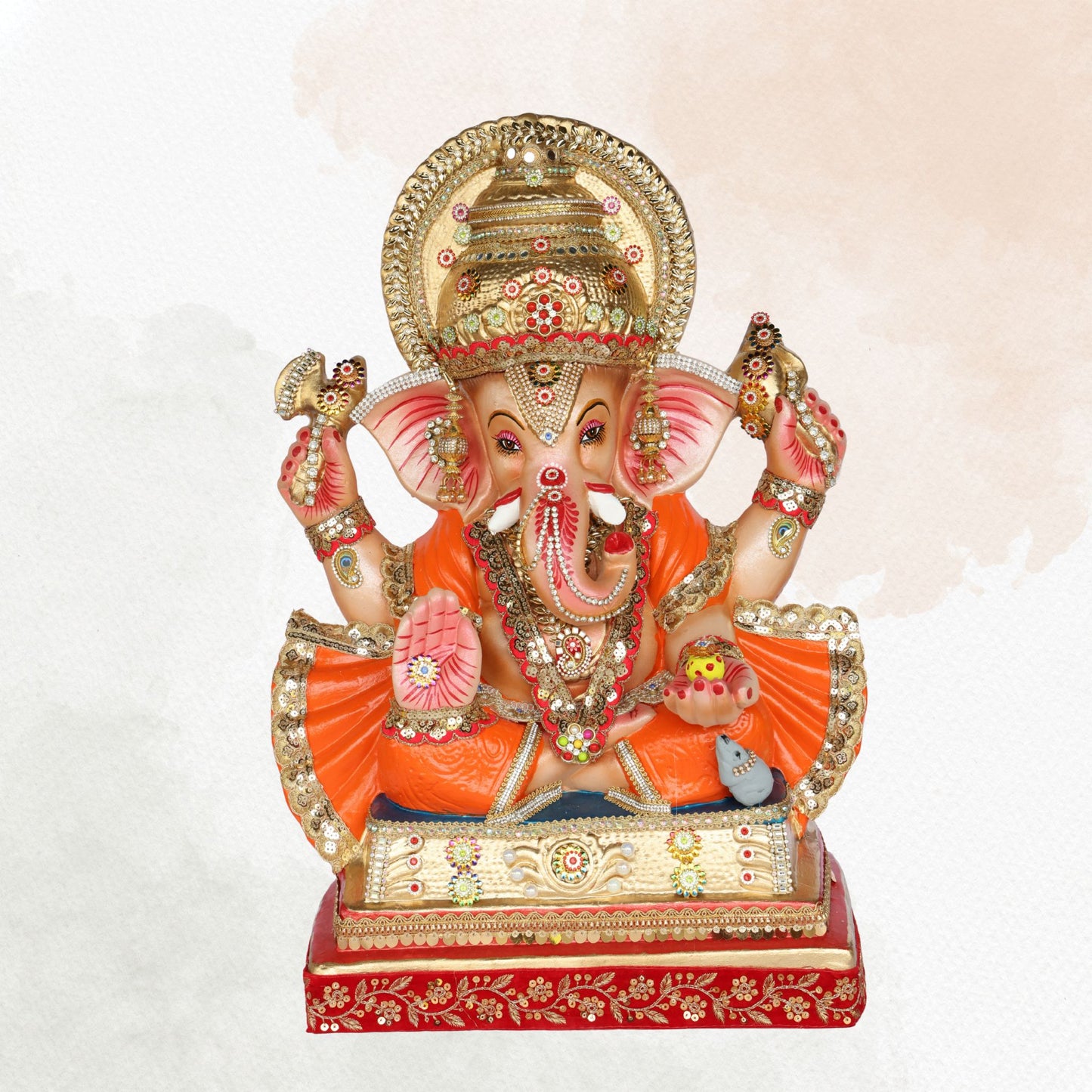 24 Inch – Traditional Ganesha Idol in Orange Attire | Shadu Mitti Murti with Red-Golden Platform & Eco-Friendly Finish