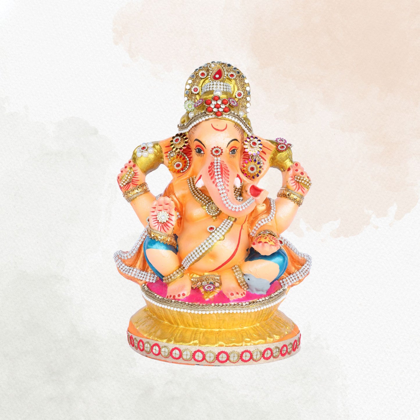 13 Inch – Warm Orange and Blue Attire Ganesha Idol | Decorated with Beads & Stones | Traditional Finish | Eco-Friendly Clay