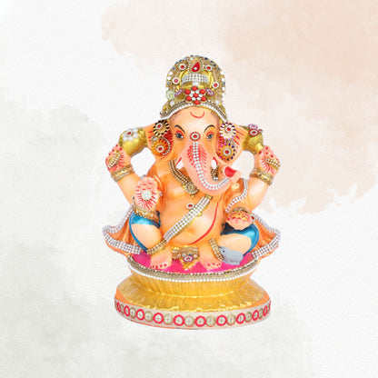 13 Inch – Warm Orange and Blue Attire Ganesha Idol | Decorated with Beads & Stones | Traditional Finish | Eco-Friendly Clay