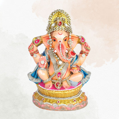 13 Inch – Divine Seated Ganesha Idol in Blue Attire – Shadu Mitti Clay Murti with Grand Golden Crown & Pearl Work