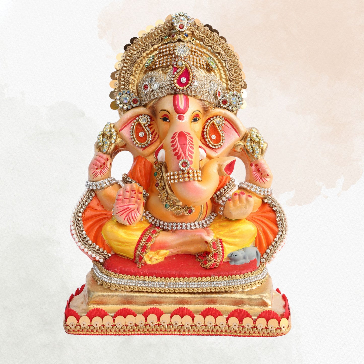 11 Inch – Ganesha Idol in Golden-Yellow Dhoti with Ornate Crown | Eco-Friendly Shadu Mitti Ganpati Murti with Orange Drape & Royal Embellishments