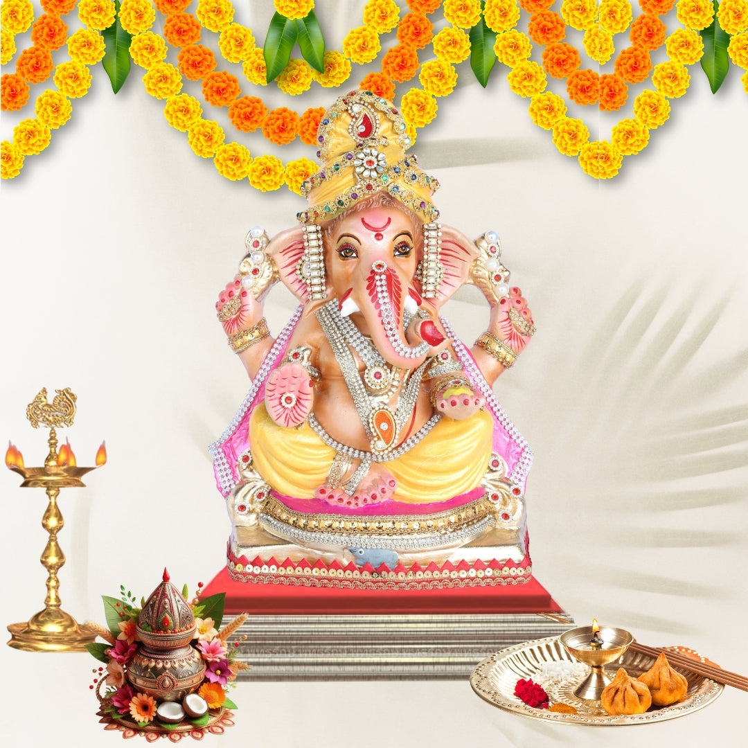 13 Inch – Graceful Seated Ganesha Idol in Yellow Attire – Shadu Mitti Clay Murti with Yellow Pagdi & Pearl Stone Work