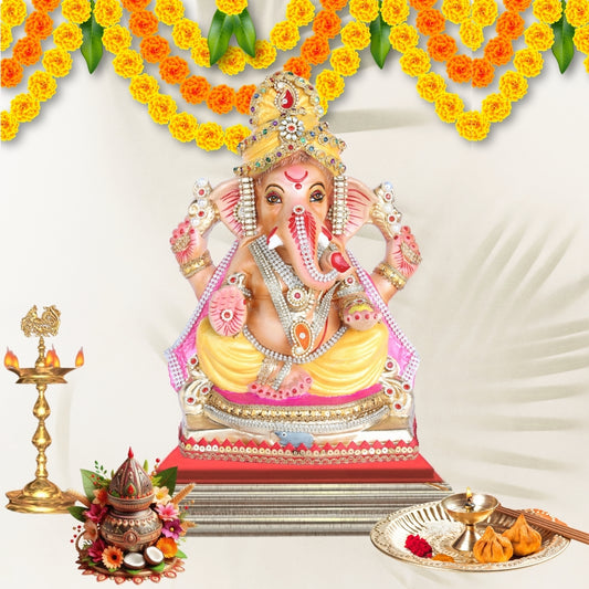 13 Inch – Graceful Seated Ganesha Idol in Yellow Attire – Shadu Mitti Clay Murti with Yellow Pagdi & Pearl Stone Work