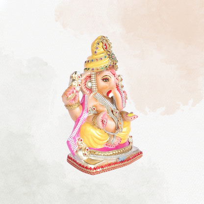 13 Inch – Graceful Seated Ganesha Idol in Yellow Attire – Shadu Mitti Clay Murti with Yellow Pagdi & Pearl Stone Work