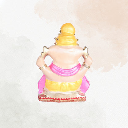 13 Inch – Graceful Seated Ganesha Idol in Yellow Attire – Shadu Mitti Clay Murti with Yellow Pagdi & Pearl Stone Work