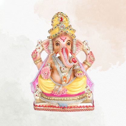13 Inch – Graceful Seated Ganesha Idol in Yellow Attire – Shadu Mitti Clay Murti with Yellow Pagdi & Pearl Stone Work