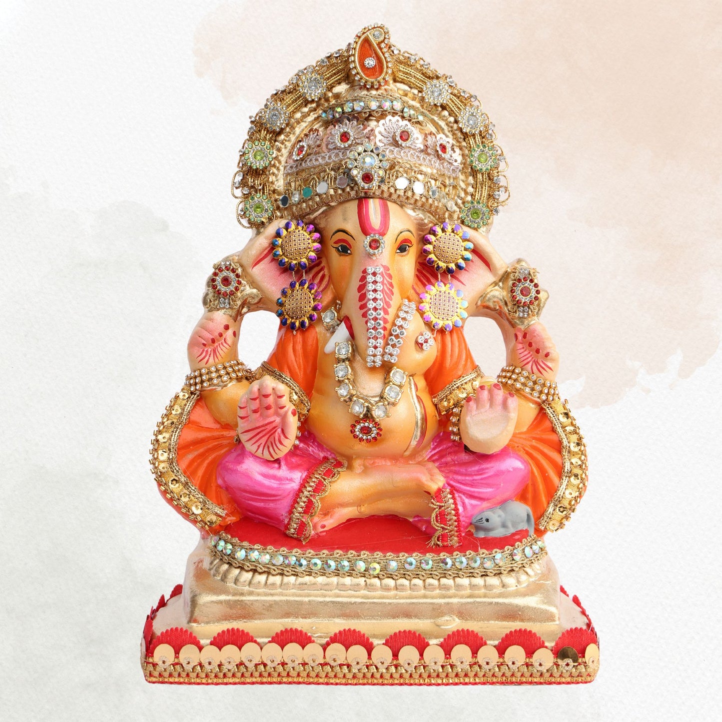 11 Inch – Ganesha Idol in Pink-Orange Attire with Grand Golden Crown | Eco-Friendly Shadu Mitti Ganpati Murti with Sparkling Detailing & Classic Seated Pose