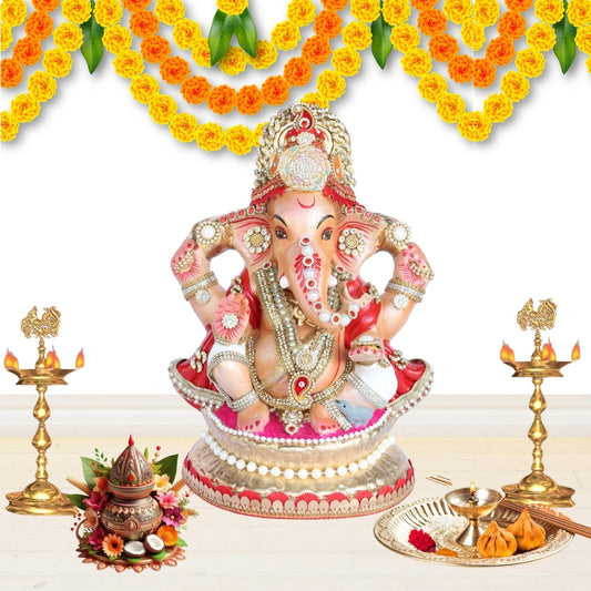 13 Inch – Blessing Pose Ganesha Idol in Red & White Attire | Shadu Mitti Clay Murti with Golden Crown & Pearl Stone Work