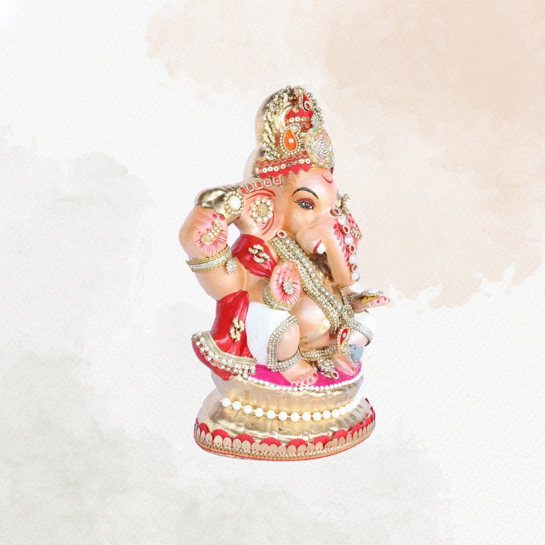 13 Inch – Blessing Pose Ganesha Idol in Red & White Attire | Shadu Mitti Clay Murti with Golden Crown & Pearl Stone Work