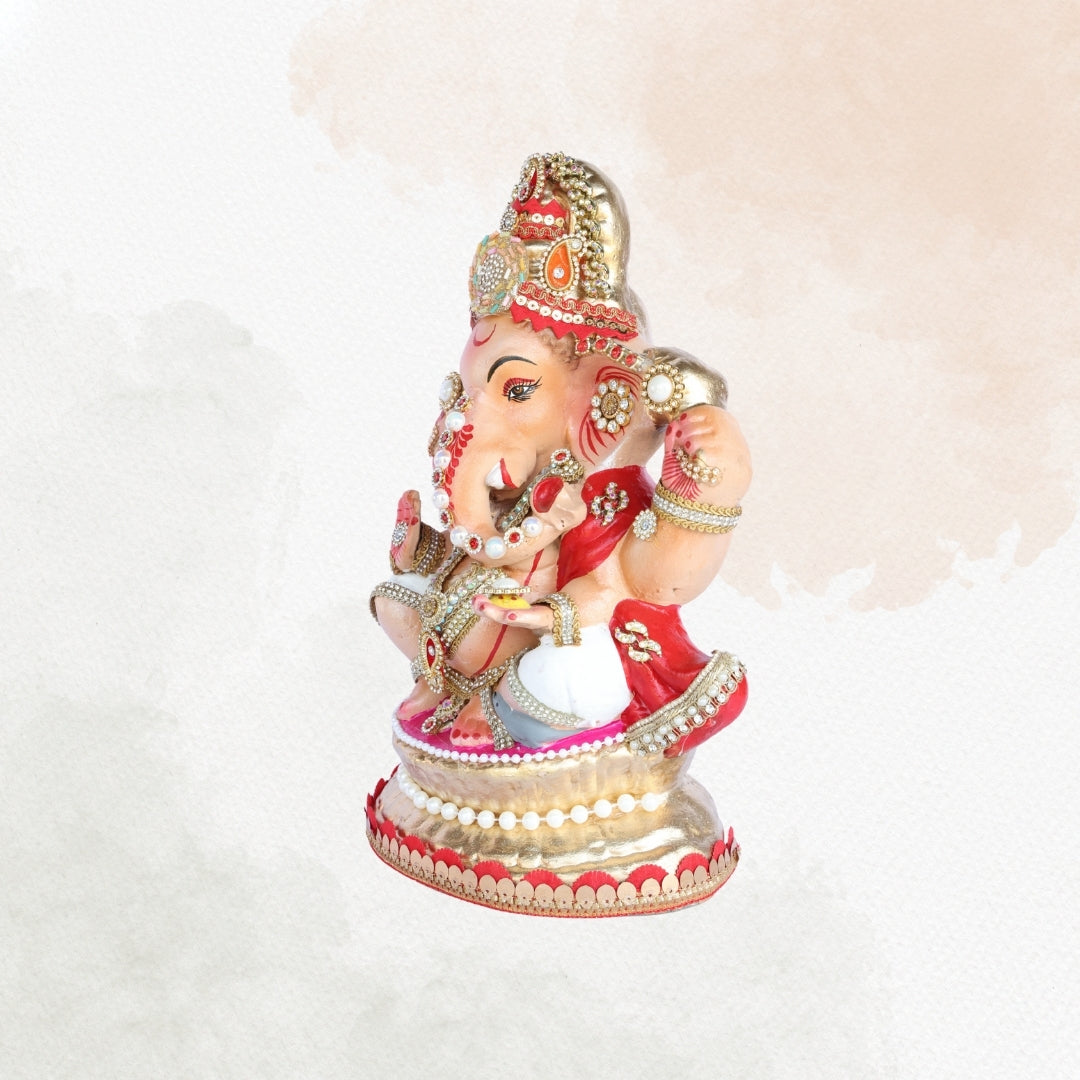 13 Inch – Blessing Pose Ganesha Idol in Red & White Attire | Shadu Mitti Clay Murti with Golden Crown & Pearl Stone Work