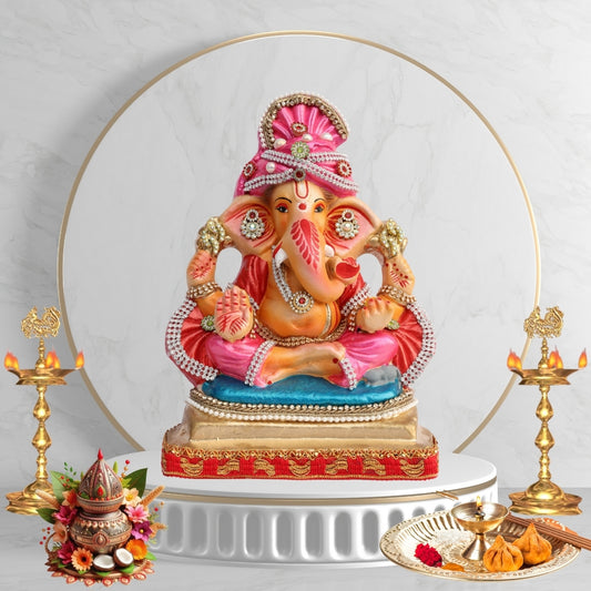 11 Inch – Seated Ganesha Idol in Elegant Pink Attire | Eco-Friendly Shadu Mitti Murti with Ornate Stone & Pearl Work