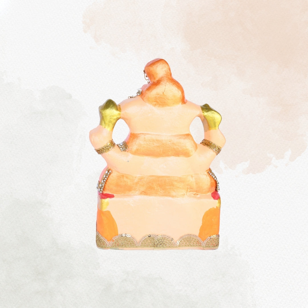 13 Inch – Traditional Orange Ganesha Idol | Decorated with Stones & Crown | Eco-Friendly Clay Murti