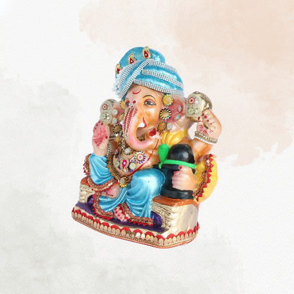 14 Inch – Majestic Blue Turban Ganesha Idol with Shivling | Handcrafted Shadu Mitti Murti | Eco-Friendly & Visarjan Friendly