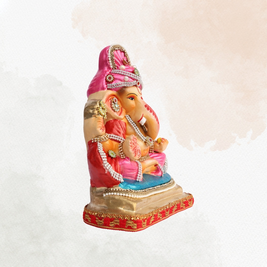 11 Inch – Seated Ganesha Idol in Elegant Pink Attire | Eco-Friendly Shadu Mitti Murti with Ornate Stone & Pearl Work