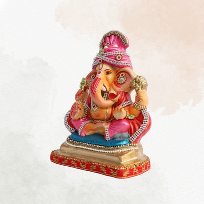 11 Inch – Seated Ganesha Idol in Elegant Pink Attire | Eco-Friendly Shadu Mitti Murti with Ornate Stone & Pearl Work