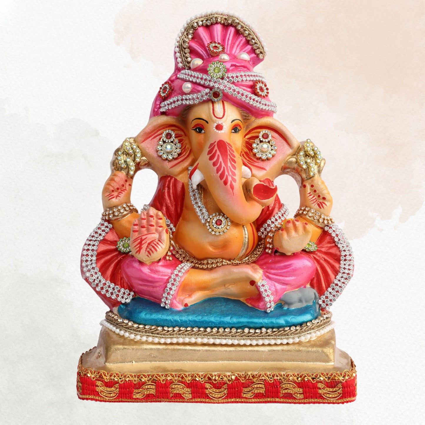 11 Inch – Seated Ganesha Idol in Elegant Pink Attire | Eco-Friendly Shadu Mitti Murti with Ornate Stone & Pearl Work