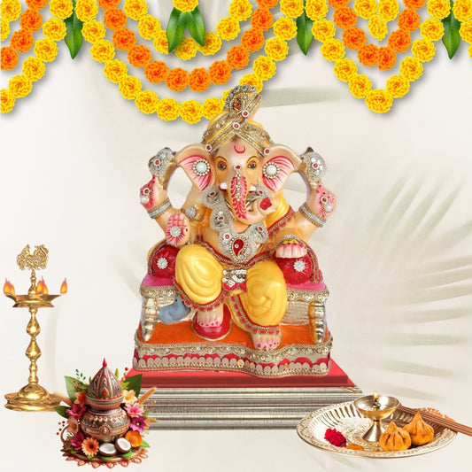 13 Inch – Royal Seated Ganesha Idol in Yellow Dhoti | Shadu Mitti Clay Murti with Bejeweled Golden Pagdi & Red Throne Base